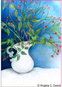 drawing of berries in a white pitcher