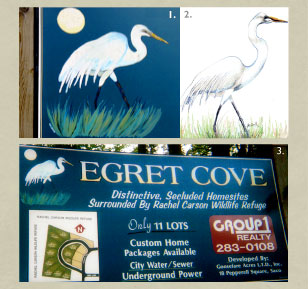 Enamel sign painting of an egret