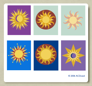 Six preliminary sun and moon designs drawn for a kitchen floor