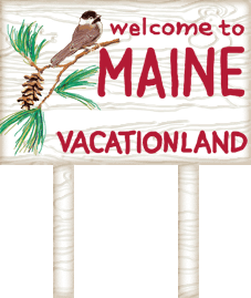 Maine Traditions sign with chickadee and pine cone