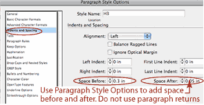 paragraph style options showing before and after spacing
