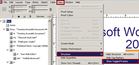 Accessing the Structure pane and showing tagged frames